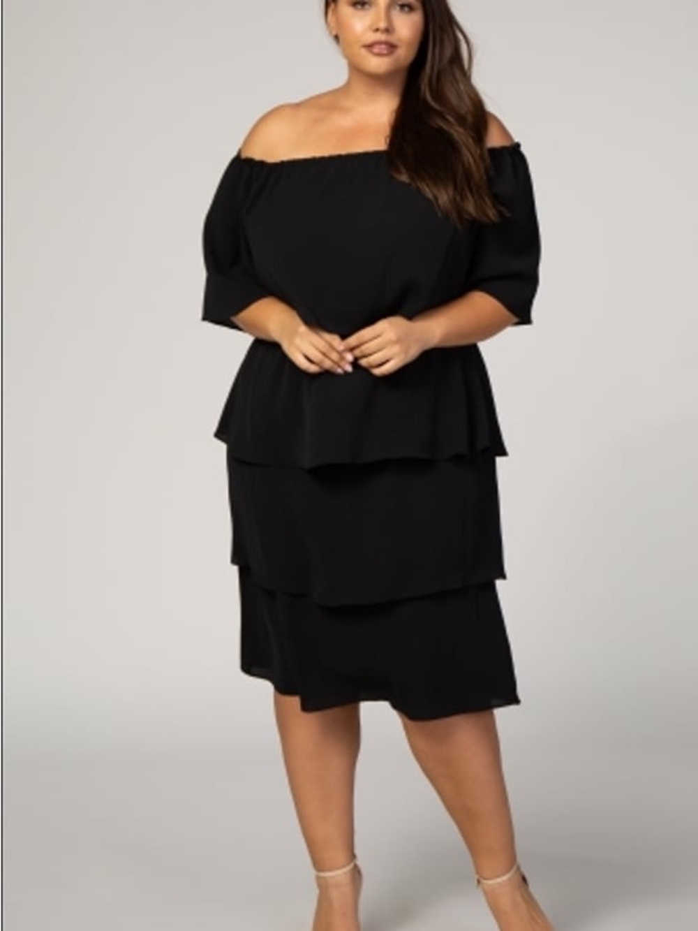 Off-Shoulder Black Tiered Midi Dress